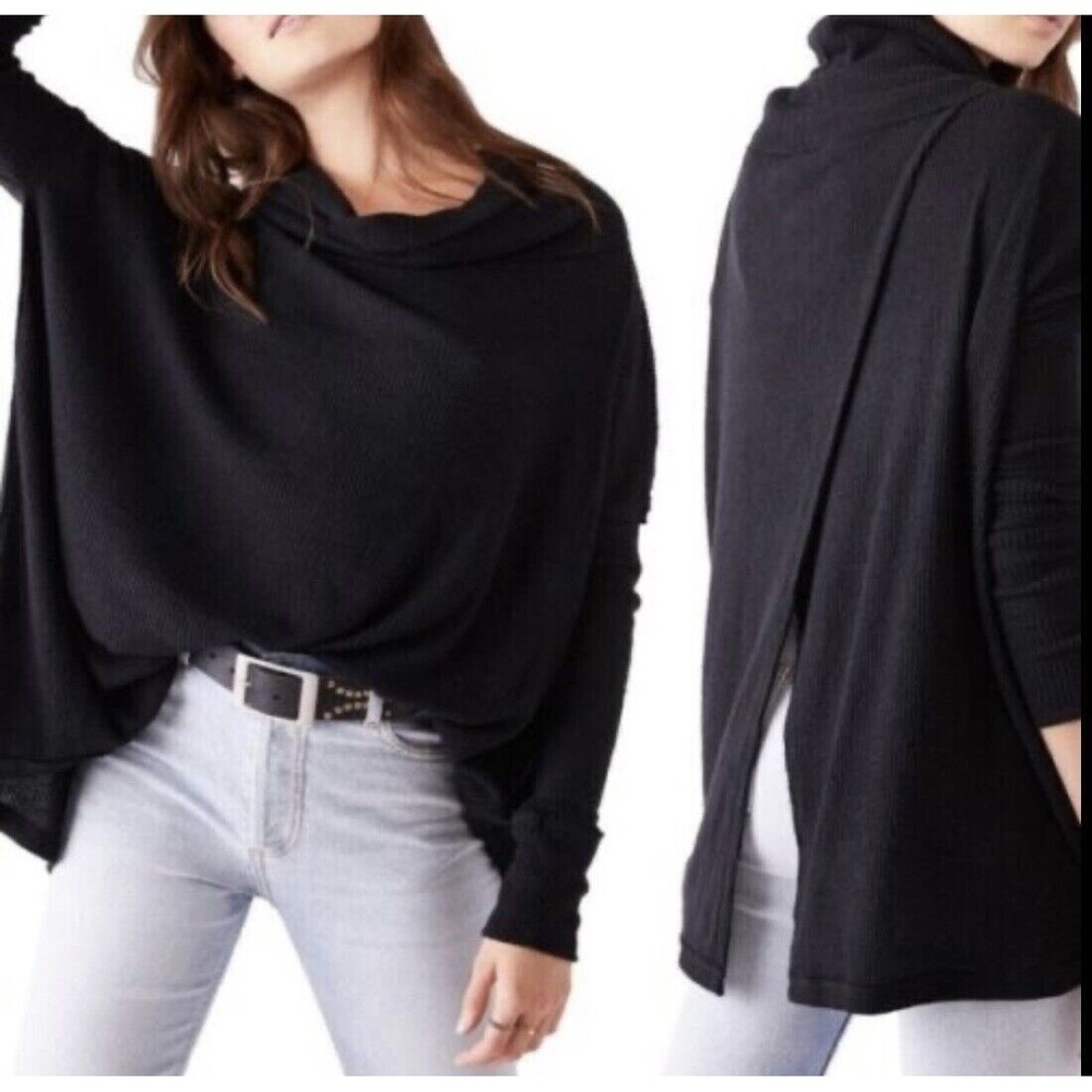 Free People Black Oversized Juicy Long Sleeve Top With Split Back Size S